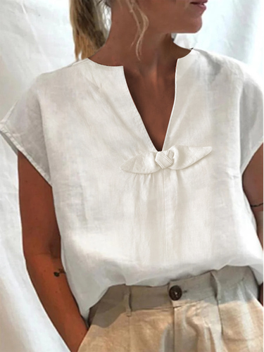 Simple Loose V Neck Bow Plain Shirt - Just Fashion Now - Modalova