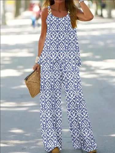 Ethnic Sleeveless Spaghetti Casual Grommets Two-Piece Set - Modetalente - Modalova