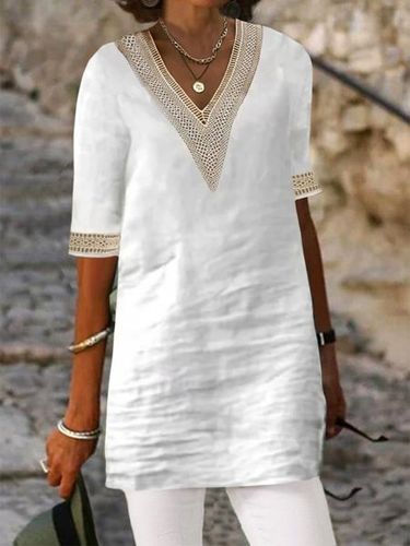 Plain Hollow Out Lace V Neck Half Sleeve Casual Tunic Shirt - Modetalente - Modalova