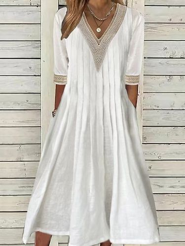Lace Cotton And Linen Casual Plain Dress - Modetalente - Modalova