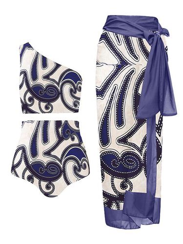 Vacation Abstract Printing One Shoulder Bikini With Cover Up - Just Fashion Now - Modalova