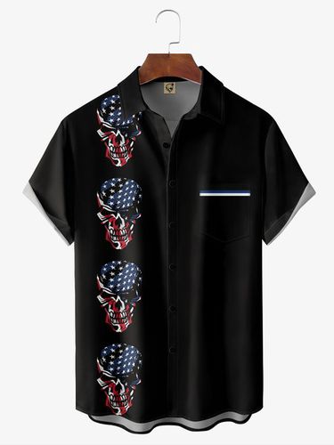 Flag Skull Chest Pocket Short Sleeve Bowling Shirt - Modetalente - Modalova