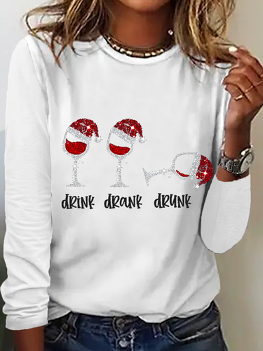 Women's Funny Christmas Drink Drank Drunk Red Wine Glass Casual Crew Neck Regular Fit Shirt - Modetalente - Modalova