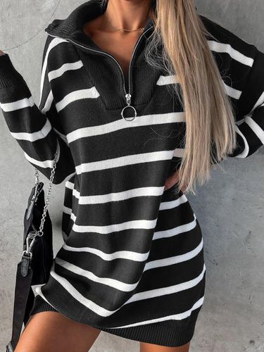 Elegant Striped Zipper Neck Sweater Dress - Modetalente - Modalova