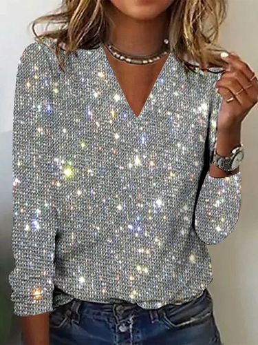 Casual V Neck Glitter Loose T-Shirt - Just Fashion Now - Modalova