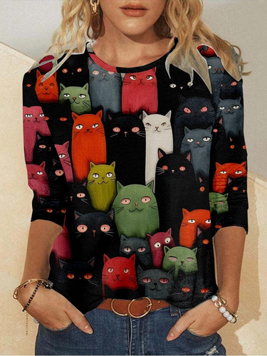 Funny Cat Casual Crew Neck Long Sleeve Shirt - Modetalente - Modalova