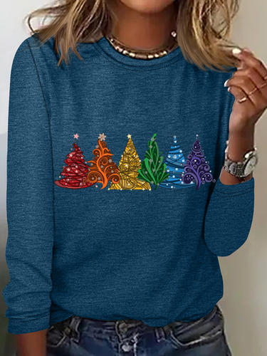 Women's Christmas Tree Cotton-Blend Crew Neck Casual Long Sleeve Shirt - Modetalente - Modalova