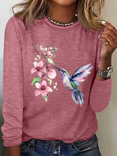 Women's Hummingbird Watercolor Nature Bird Lover Crew Neck Cotton-Blend Casual Long Sleeve Shirt - Modetalente - Modalova