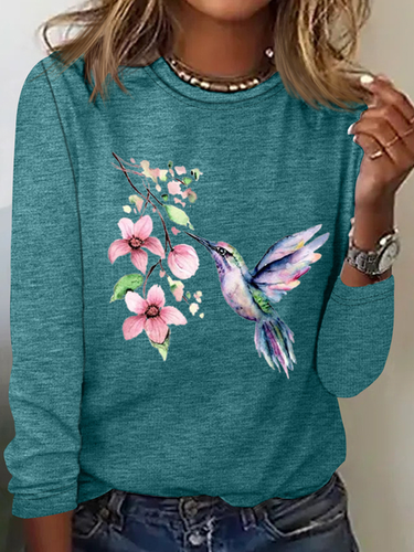 Women's Hummingbird Watercolor Nature Bird Lover Crew Neck Cotton-Blend Casual Long Sleeve Shirt - Modetalente - Modalova