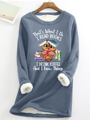 Women's Owl Coffe Book Funny Crew Neck Text Letters Simple Loose Fleece Sweatshirt - Just Fashion Now - Modalova