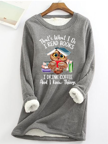 Women's Owl Coffe Book Funny Crew Neck Text Letters Simple Loose Fleece Sweatshirt - Just Fashion Now - Modalova