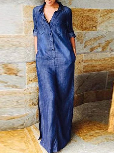 Casual Plain Lapel Collar Roll Tab Sleeve Loose Slit Maxi Shirt Dress - Modetalente - Modalova