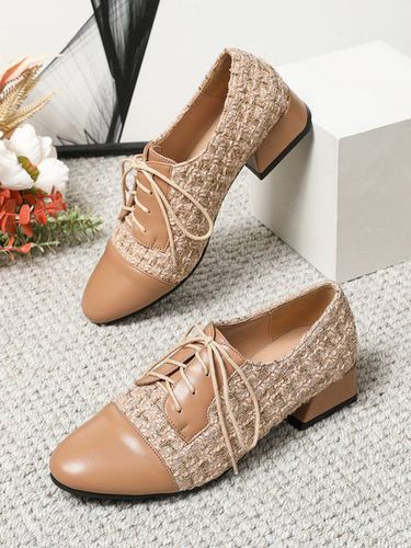 Women Elegant Tweed Plaid Paneled Fashion Lace-Up Shoes - Modetalente - Modalova