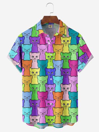 Abstract Cat Chest Pocket Short Sleeve Casual Shirt - Modetalente - Modalova