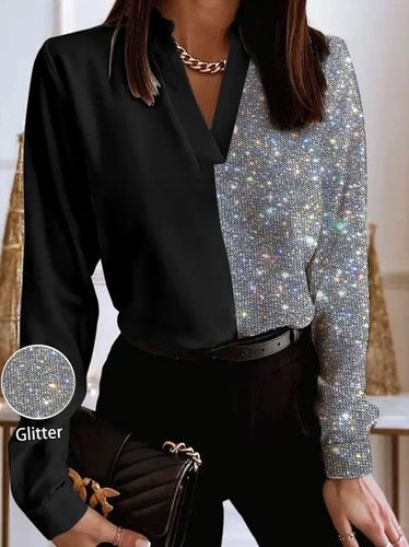 Elegant Loose V Neck Glitter Shirt - Just Fashion Now - Modalova