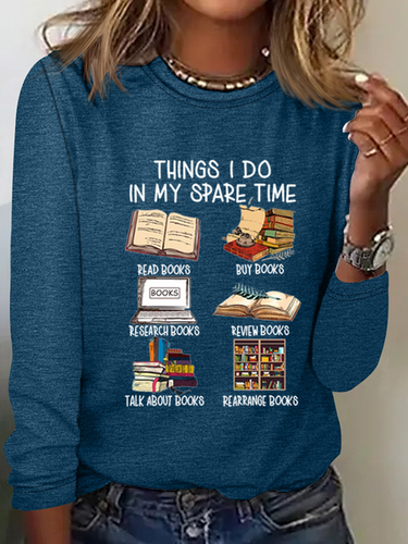 Women's Funny Book Lover Things I Do In My Spare Time Simple Crew Neck Text Letters Long Sleeve Shirt - Modetalente - Modalova