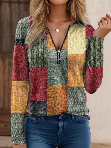 Zipper Casual Loose Multicolor Block T-Shirt - Just Fashion Now - Modalova