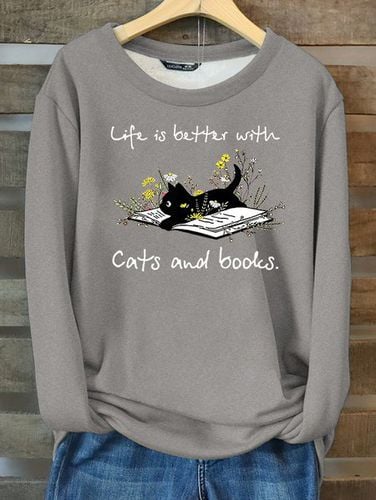 Women's Life Is Better With Cats And Books Casual Cotton-Blend Fleece Sweatshirt - Just Fashion Now - Modalova