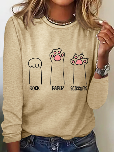 Rock Paper Scissors Hand Game Cute Paw Funny Cat Cotton-Blend Regular Fit Crew Neck Simple Long Sleeve Shirt - Modetalente - Modalova