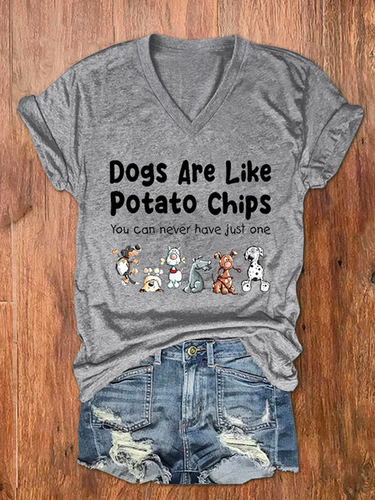 Women's Dogs Are Like Potato Chips You Can Never Have Just One Print V Neck Vintage Dog T-Shirt - Modetalente - Modalova