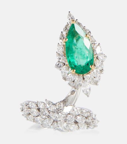 Kt white gold ring with emerald and diamonds - Yeprem - Modalova