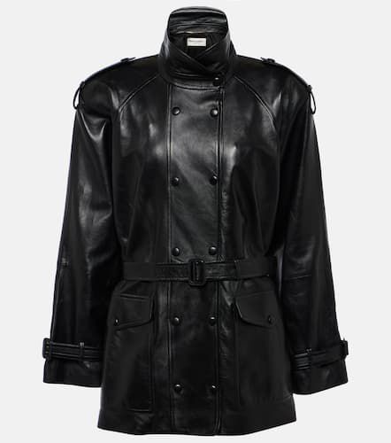 High-neck belted leather jacket - Saint Laurent - Modalova