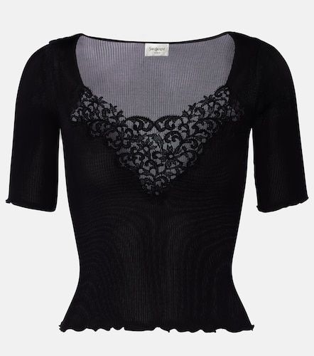 Top acanalado de seda con encaje - Saint Laurent - Modalova