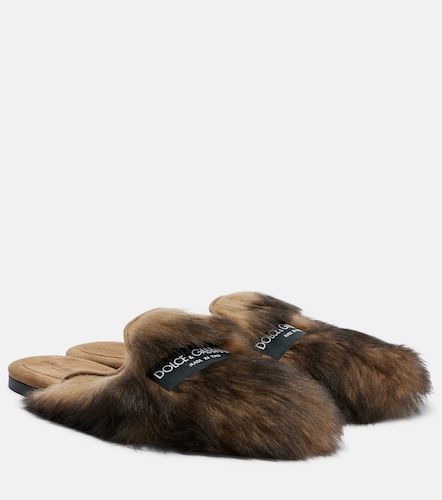 Mules in shearling con pelle e logo - Dolce&Gabbana - Modalova