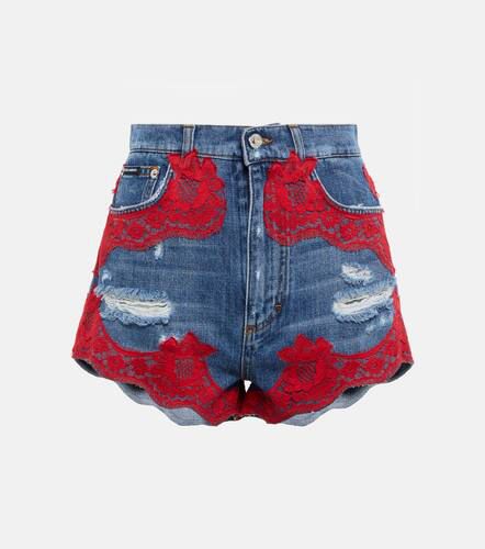 Lace-trimmed high-rise denim shorts - Dolce&Gabbana - Modalova