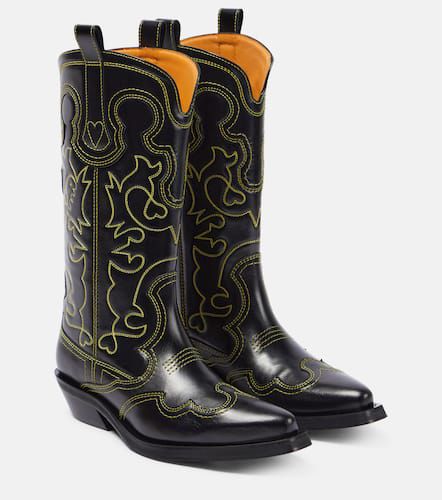 Embroidered leather cowboy boots - Ganni - Modalova