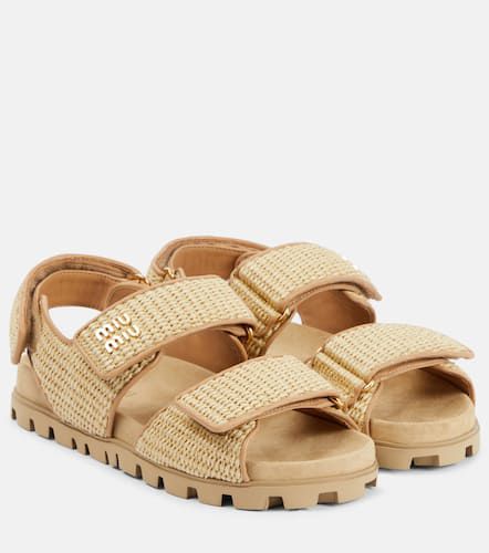 Logo leather-trimmed raffia sandals - Miu Miu - Modalova