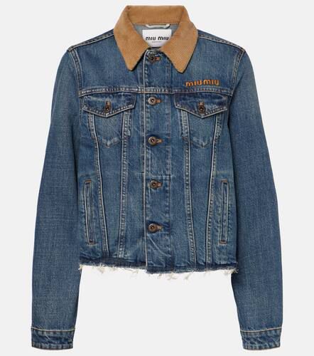 Logo distressed corduroy-trimmed denim jacket - Miu Miu - Modalova