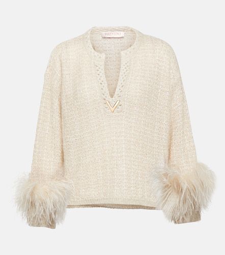 VGold feather-trimmed lamÃ© sweater - Valentino - Modalova