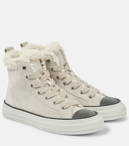 Sneakers in suede con shearling e monili - Brunello Cucinelli - Modalova