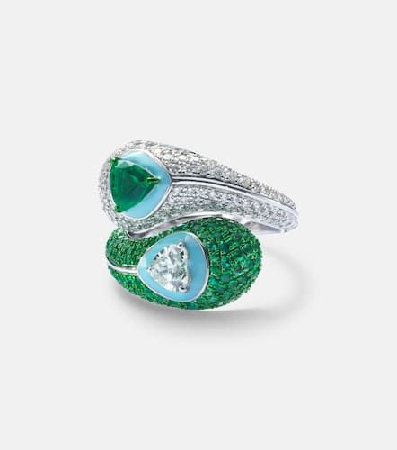 Anillo Ying Yang de oro blanco de 18 ct esmaltado con esmeralda y diamante - Kamyen - Modalova