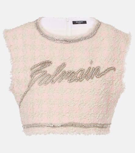 Cropped-Top aus Bouclé mit Kristallen - Balmain - Modalova