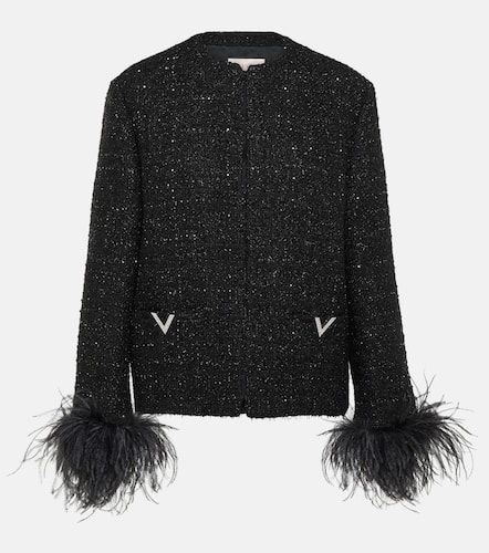 Feather-trimmed tweed jacket - Valentino - Modalova