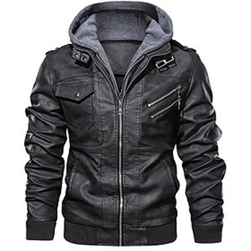 Men's Faux Leather Jacket Daily Regular Coat Hooded Regular Fit Jacket Long Sleeve Color Block Gray Black Brown - Ador.com UK - Modalova