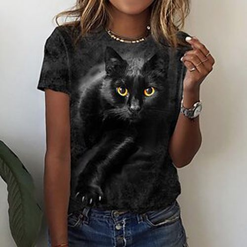 Women's T shirt Tee Black Print Cat 3D Casual Weekend Short Sleeve Round Neck Basic Regular 3D Cat Painting S - Ador.com UK - Modalova