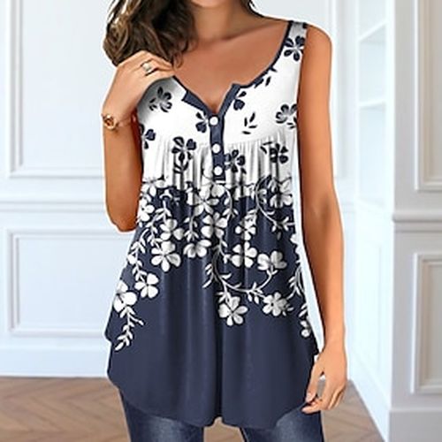 Women's Tank Top Henley Shirt Vest Tunic Yellow Red Navy Blue Button Print Floral Daily Holiday Weekend Sleeveless V Neck Streetwear Tunic Casual Regu - Ador.com UK - Modalova