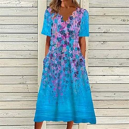 Women's Maxi long Dress A Line Dress Swing Dress Blue Half Sleeve Pocket Print Color Gradient V Neck Fall Winter Stylish Elegant Vacation 2022 Loose S M L XL X - Ador ES - Modalova