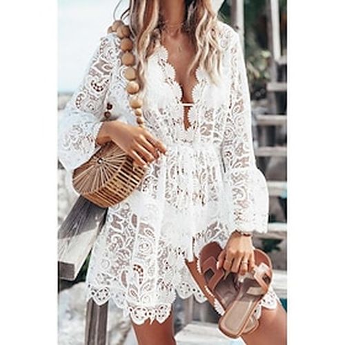 Women's Swimwear Cover Up Beach Top Normal Swimsuit Solid Color UV Protection Lace Crochet White Bathing Suits Vacation Sexy Modern / Sweet / New / Pa - Ador.com UK - Modalova