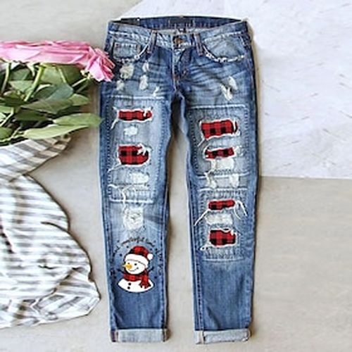 Women's Pants Trousers Jeans Distressed Jeans Random Pattern Denim Blue Fashion Casual Baggy Ripped Christmas Street Casual Full Length Micro-elastic - Ador.com UK - Modalova