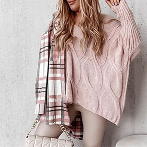Women's Pullover Sweater Jumper Cable Knit Knitted V Neck Pure Color Outdoor Daily Stylish Casual Winter Fall Green Pink S M L - Ador.com UK - Modalova