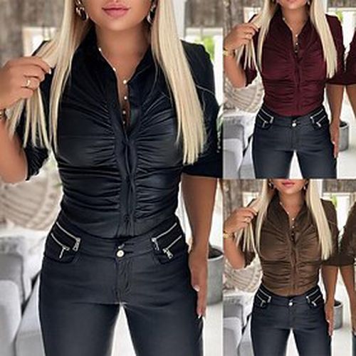 Women's Blouse Shirt Black Wine Brown Button Plain Casual Long Sleeve Shirt Collar Basic Regular S - Ador.com UK - Modalova