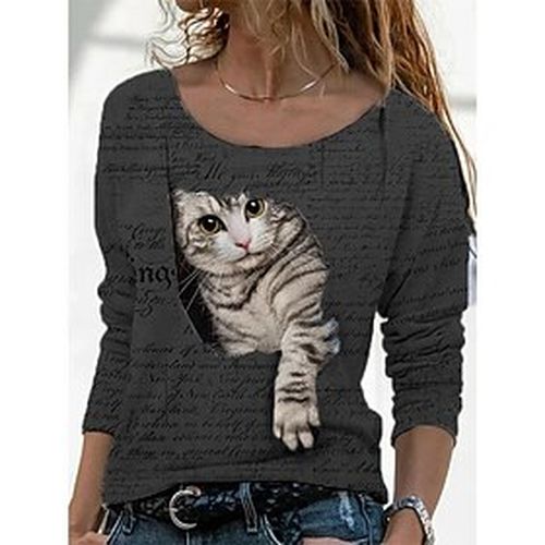 Women's Shirt Blouse Lake blue Black Red Print Animal Cat Casual Long Sleeve Round Neck Basic Regular S - Ador.com UK - Modalova