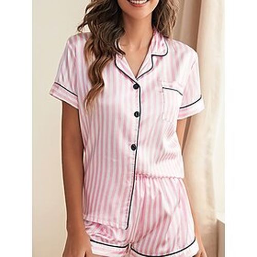 Women's Pajamas Pajama Top and Pant Sets Fashion Casual Soft Stripe Polyester Home Daily Bed Lapel Breathable Shirt Short Sleeve Elastic Waist Shorts - Ador.com UK - Modalova