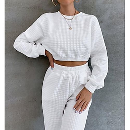Women's Crop Tracksuit Pants Sets White Solid Color Casual Daily Long Sleeve Round Neck Daily Basic Regular Fit Fall Winter - Ador.com UK - Modalova