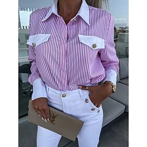 Women's Blouse Pink Sky Blue Green Button Print Striped Work Casual Short Sleeve V Neck Basic Casual Regular Geometric Lantern Sleeve S - Ador.com UK - Modalova