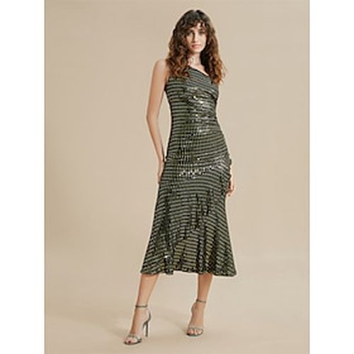 Sequin Stripe Ruffle One Shoulder Midi Dress - Ador.com - Modalova